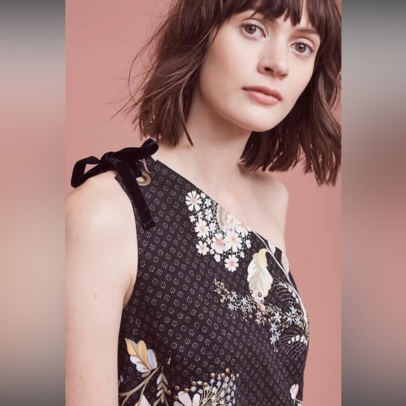 Maeve| Anthro Floral Beaded Black Shift Dress, One Shoulder with Velvet Tie••• - Picture 2 of 16